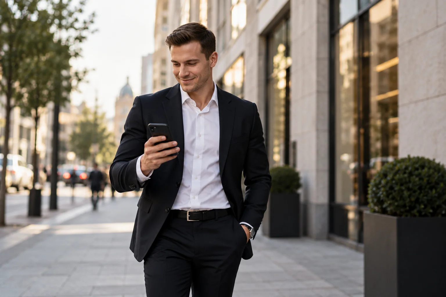 Unternehmer im Anzug mit Smartphone auf dem Weg durch die Stadt